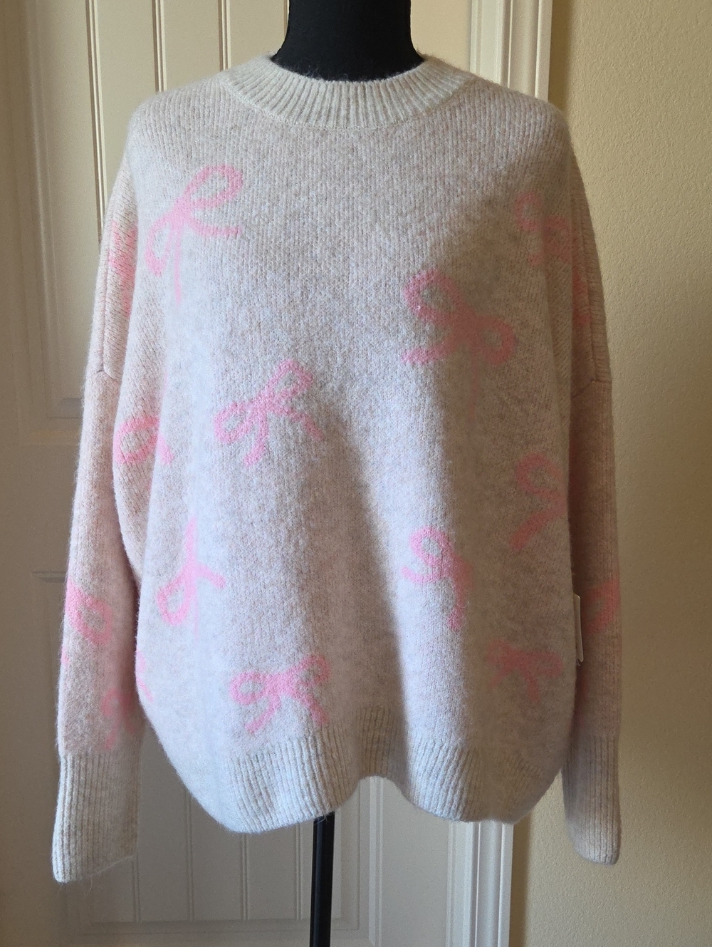 CeCe Malted/Prism Pink Bow Long Sleeve Crewneck Oversized Sweater, XL, NWT